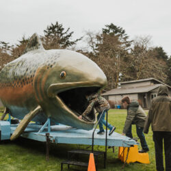 student climbing into the giant chinook's mouth