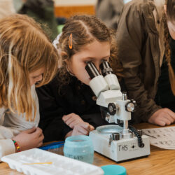 two students looking through a microscope